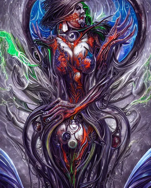 Image similar to silver mechanical charred bloody fleshmetal cyborg daemonhost woman psychedelic flamer of tzeentch with extra arms, blue and green rainbow fire, by antonio j. manzanedo, alex grey, android jones, wayne barlowe, raymond swanland, cyril rolando, josephine wall, harumi hironaka, cronenburg, trending on artstation