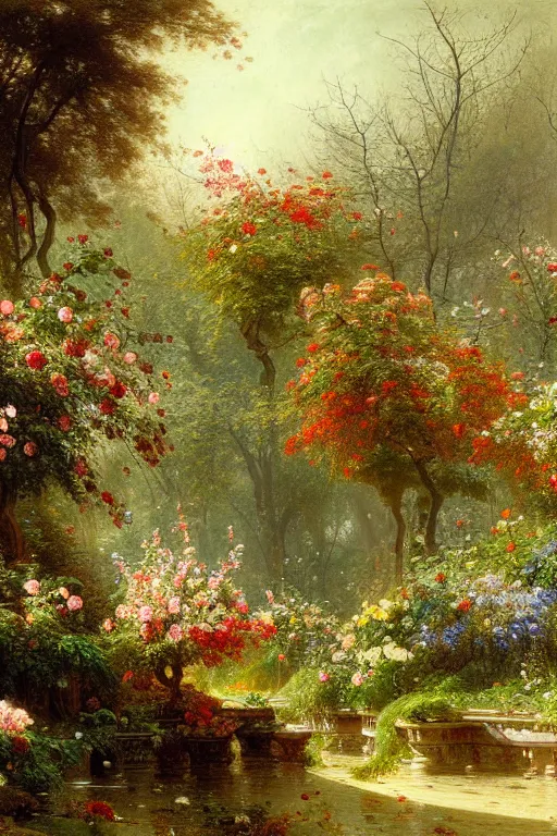 Prompt: detailed painting of a modern marble botanical sanctuary, flowers and plants blooming, trees, autumn, spring, winter, summer, filigree ornaments, andreas achenbach