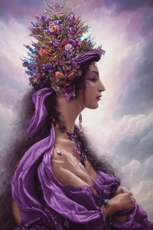 Image similar to closeup portrait fine art photo of the beauty cher, she has a crown of stunning flowers and dress of purple satin and gemstones, background full of stormy clouds, by peter mohrbacher