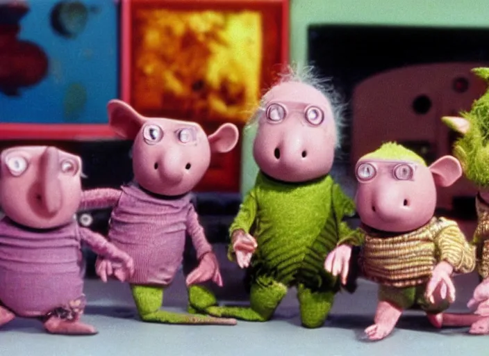 Image similar to a scene from a 1 9 8 0 s british kids tv programme by the bbc and oliver postgate, stop motion animation, the clangers, vhs distortion, folk horror