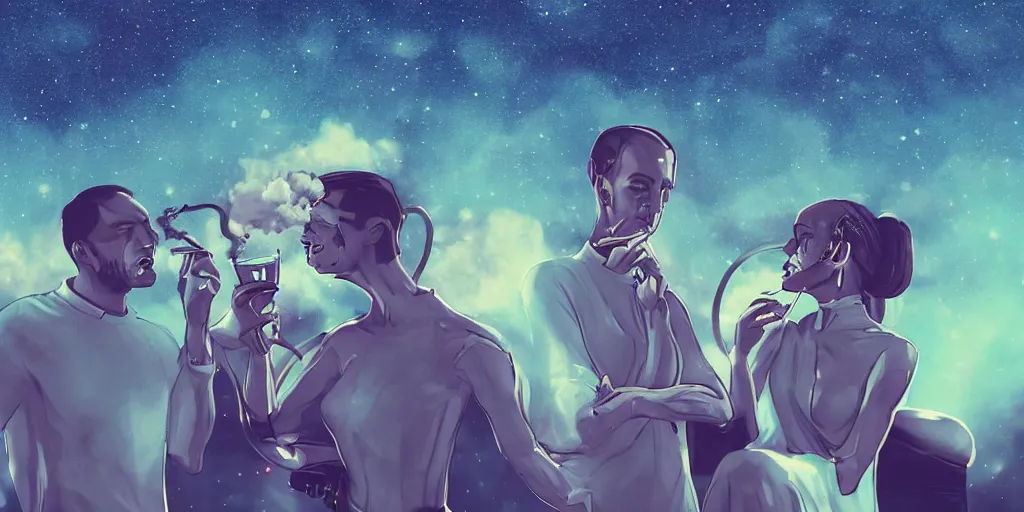 Prompt: digital art, trending on artstation, androids smoking hookahs while looking at the sky full of stars