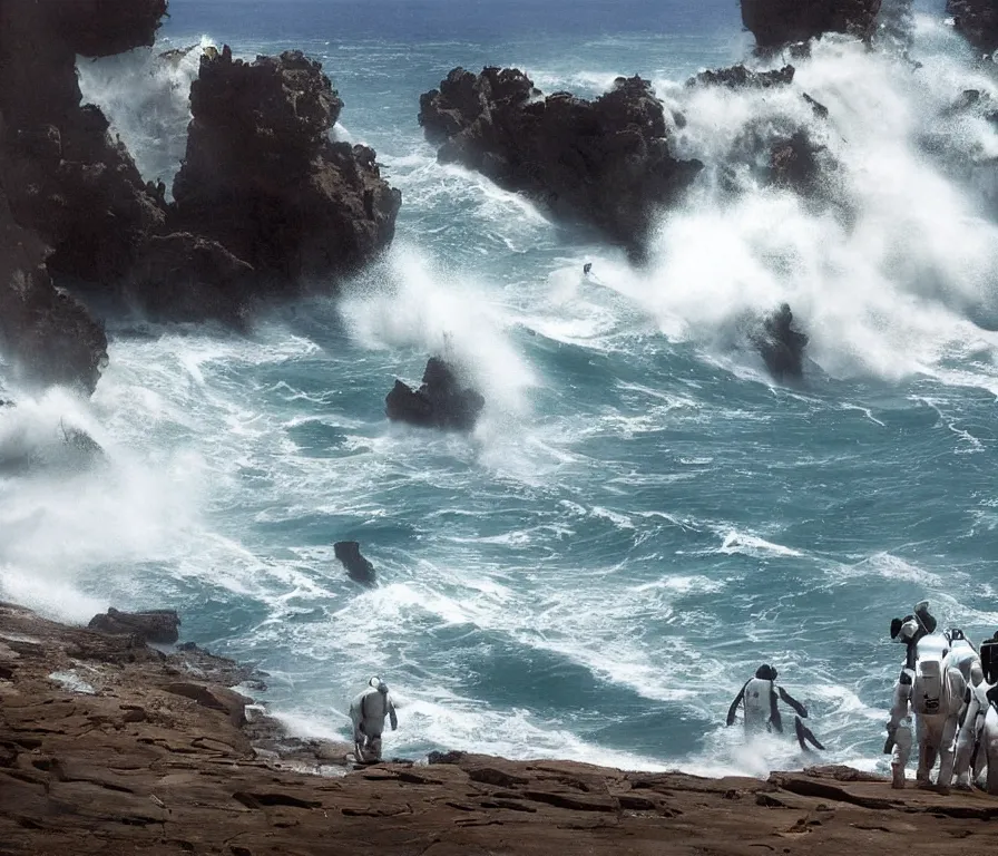 Prompt: a beautiful beach, huge waves crash against the rocks, flat expanses of rock and rock pools, science fiction, alien fish in the pools, in the foreground some astronauts in spacesuits and helmets are walking, david curtis, john park, jeremy mann, john harris