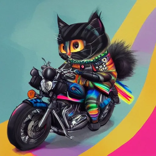 Image similar to wide angle full body, jacket wearing fluffy cute rainbow kitten wearing a black leather motorcycle jacket, riding on a motorcycle, cinematic concept art