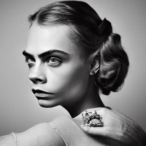 Prompt: photo of a gorgeous 20-year-old Cara Delevingne 1900s hairstyle by Mario Testino, detailed, head shot, award winning, Sony a7R -