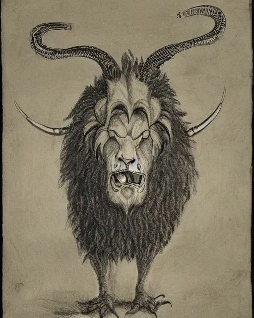 Image similar to a creature with the body and eyes of a man, with the beak of an eagle, the mane of a lion, and the horns of an ox. drawn by francis bacon