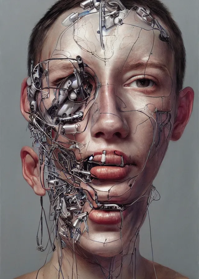 Image similar to cybernetic implants on face, metal jaw, usb port on forehead, portrait by jenny saville