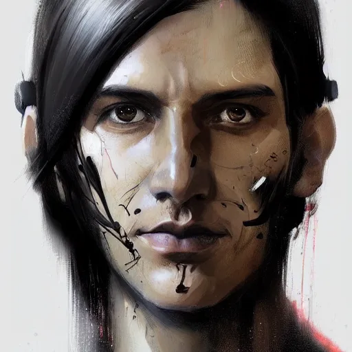 Image similar to portrait of a cyborg by greg rutkowski, he is about 3 0 years old, indian, very tall and slender, messy long black hair, he is wearing a black t - shirt, highly detailed portrait, digital painting, artstation, concept art, smooth, sharp foccus ilustration, artstation hq