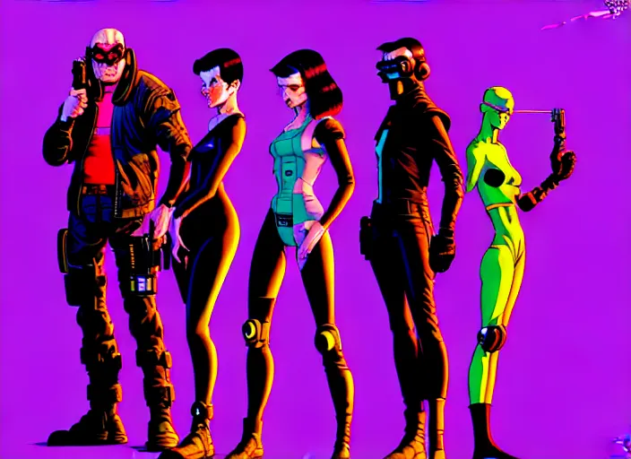 Image similar to cyberpunk heist crew. portrait by stonehouse and mœbius and will eisner and gil elvgren and pixar. character design. realistic proportions. cyberpunk 2 0 7 7 character art, blade runner 2 0 4 9 concept art. cel shading. attractive face. thick lines. the team. diverse characters. artstationhq.