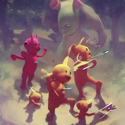 Prompt: teletubbies on a murderous rampage. people flee them in fear., by stjepan sejic, ruan jia, and mandy jurgens, and artgerm, and william adolphe bouguereau 8 k. epic digital art. trending on artstation. trending on deviantart.