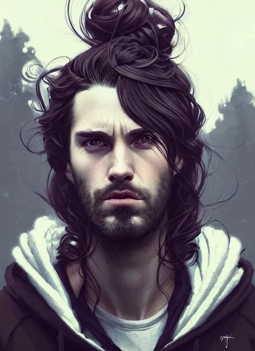 Image similar to highly detailed portrait of a beautiful man with long hair, tartan hoody, photographic realistic background, ringlet hair by atey ghailan, by greg rutkowski, by greg tocchini, by james gilleard, by joe fenton, by kaethe butcher, gradient violet, black, cream and white color scheme, trending in pinterest, award winning details