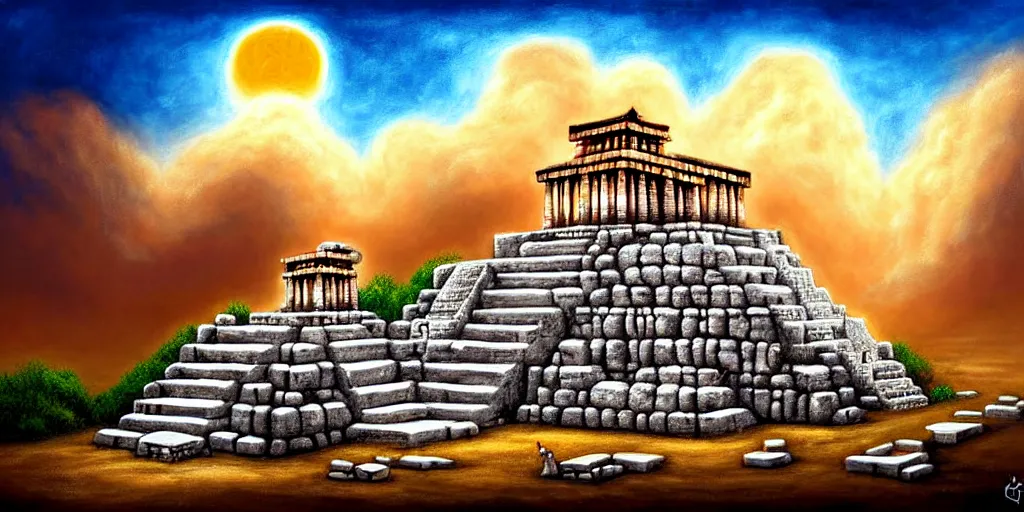 Image similar to illusion painting hidden temple in negative space in the clouds : an adorable small fox in the huge ruins of the second temple in jerusalem. a new temple is hiding in the dreamy clouds above. a hooded bearded old man in a brown tunic laughing, colorful 8 k, art station, intricate superb details, digital art, illusion painting hidden image.