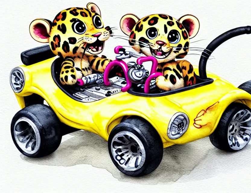 Image similar to cute and funny, baby leopard riding in a tiny go kart with oversized engine, ratfink style by ed roth, centered award winning watercolor pen illustration, isometric illustration by chihiro iwasaki, edited by range murata, tiny details by artgerm and watercolor girl, symmetrically isometrically centered