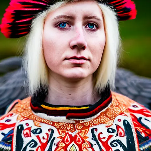 Image similar to symmetry!! portrait photograph of an extremely beautiful!!!! young blonde scandinavian woman with symmetric face. with a very detailed raven!!! on her shoulder. wearing traditional greenlandic national colorful costume or kalaallisuut. in iceland. petzval lens. shallow depth of field. on flickr, art photography,