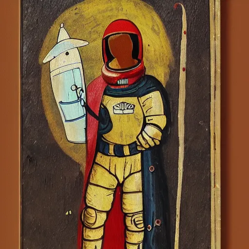 Prompt: Medieval painting of an astronaut. Dramatic. High resolution. Highly detailed. Art station. 8k