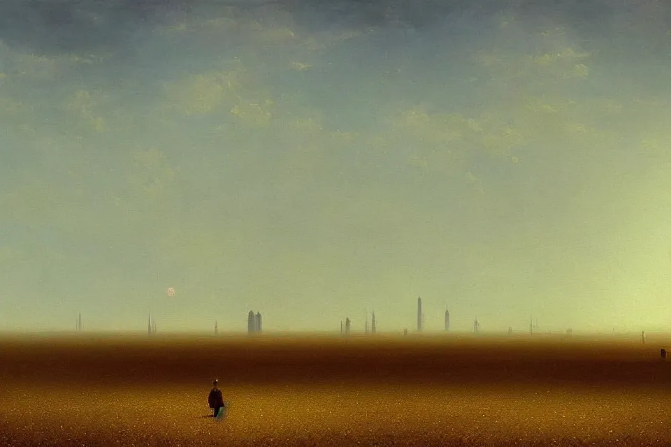 Image similar to sci-fi painting of a large alien city on the vast wheat fields, the closed back view of only one humanoid robot on the ground, by Ivan Aivazovsky, godrays, detailed