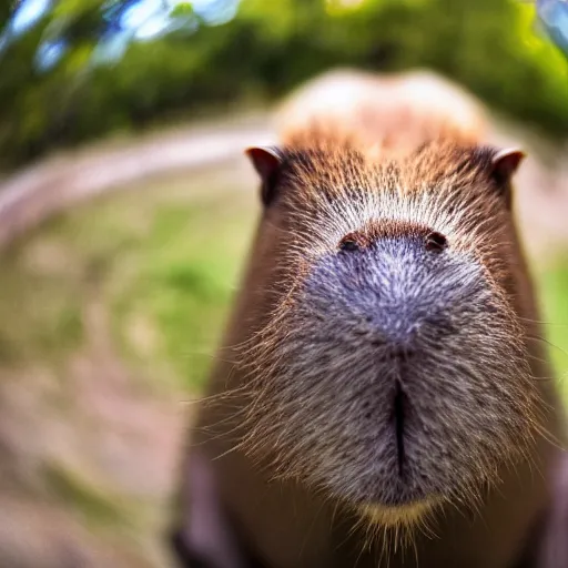 Prompt: fish eyed view of a capybara, photorealistic