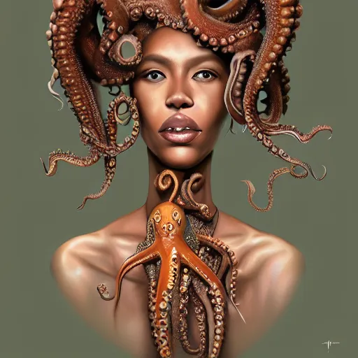 Prompt: rastafari woman with octopus arms as hair, intricate, elegant, highly detailed, digital painting, realistic shading, cinematic composition, hdr, photorealistic, 8 0 mm, concept art, artstation, matte, sharp focus, illustration, art by keith thompson and christopher lane