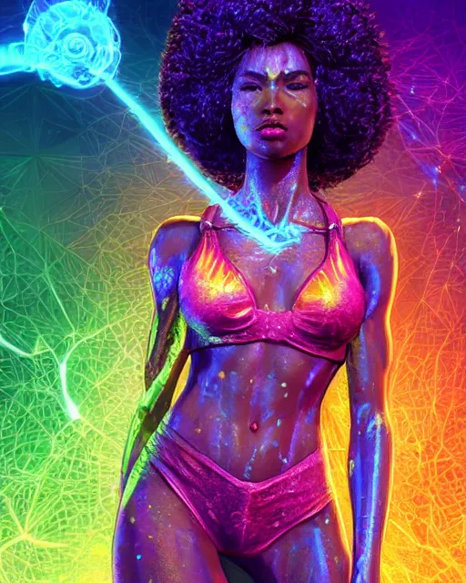 Image similar to a powerful energy psychedelic matrix afro american woman, by alexander fedosav, hyper detailed digital matte painting, concept art, hyperrealism, 1 6 k resolution, cinema 4 d, 8 k resolution, trending on artstation, behance hd, a masterpiece, by stephan martiniere, particles, cel - shaded, power bright neon energy, by david a. hardy