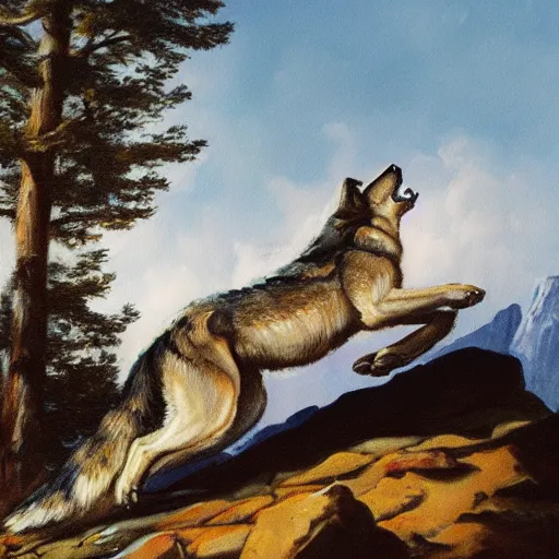 Image similar to a painting of a wolf hauling on top of a mountain