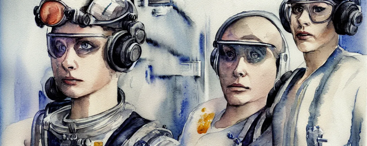 Image similar to watercolor character concept art 3 / 4 portrait of tattooed stoic heroic emotionless butch blonde woman engineer with short slicked - back hair, wearing dirty flight suit, wearing dark victorian goggles, working inside reactor room, awkward and uncomfortable and anxious, dirty. mike mignogna, ron cobb, industrial space program, scifi.