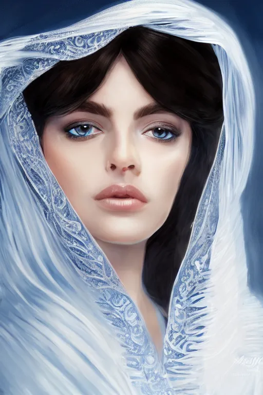 Image similar to Ameera al-Taweel, blue eyes, long wavy black hair, white veil, closeup, focus face, elegant, highly detailed, centered, digital painting, artstation, concept art