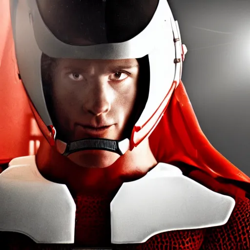 Image similar to headshot of a tall athletic muscular infantry man in glossy sleek white armor with tiny red details and a long red cape, heroic posture, strong jawline, on the surface of mars, night time, dramatic lighting, cinematic, sci-fi, hyperrealistic