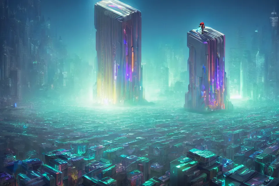 Prompt: a beautiful digital matte painting of a glowing chrome monolith rising from a sea of nanobots, by tristan eaton, victo ngai, peter mohrbacher, artgerm, volumetric lighting, inricate, environmental lighting, 8 k