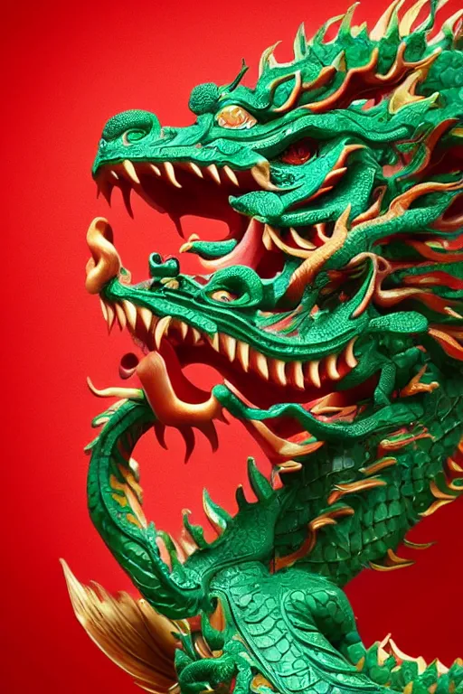 Image similar to a chinese dragon carved from jade, dynamic pose, close - up, intricate details, intricate textures, warm lighting, vivid colors, smoke and mist, realistic octane render, hyper realistic render, volumetric shading, depth of field, raytracing, 8 k,