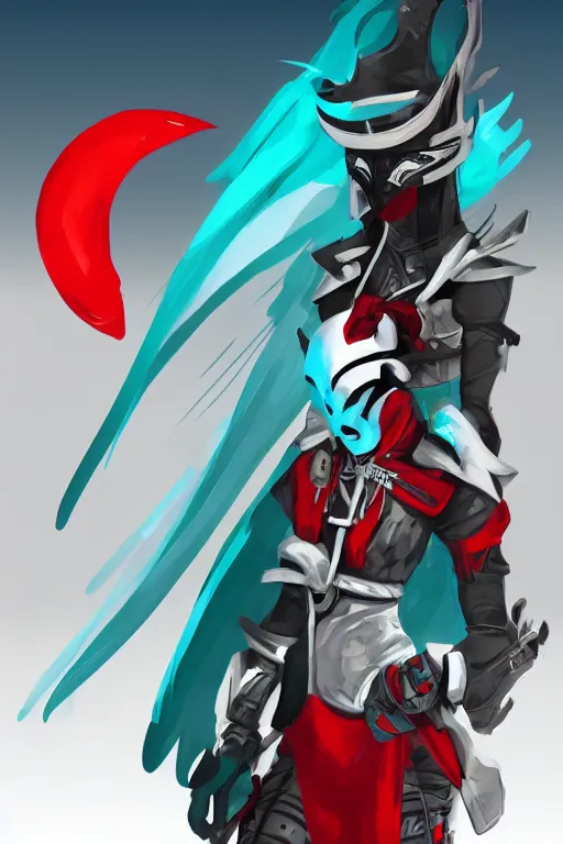 Image similar to female adventurer in tight full - body teal leather armor of japanese design with red accents and a white porcelain crow mask, trending in artstation, japanese, artstation, big moon in the background, establishing shot