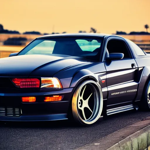 Prompt: JDM 90s car meet dark night time 2013 Mustang cut hood exahust through the hood removed front bumper wangan