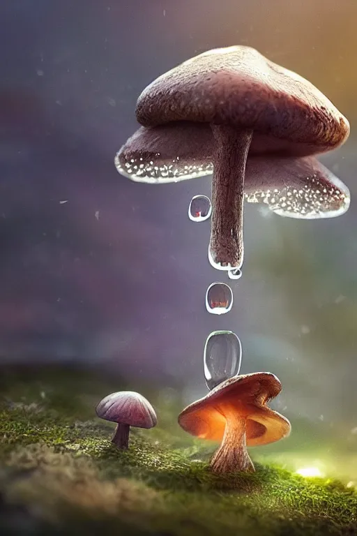 Image similar to a tiny cute mushroom dragon, dewdrops, macro, dramatic lighting, cinematic, establishing shot, extremely high detail, foto realistic, cinematic lighting, post processed, concept art, high details, cinematic, 8k resolution, beautiful detailed, photorealistic, digital painting, artstation, concept art, smooth, sharp focus, artstation trending, octane render, unreal engine