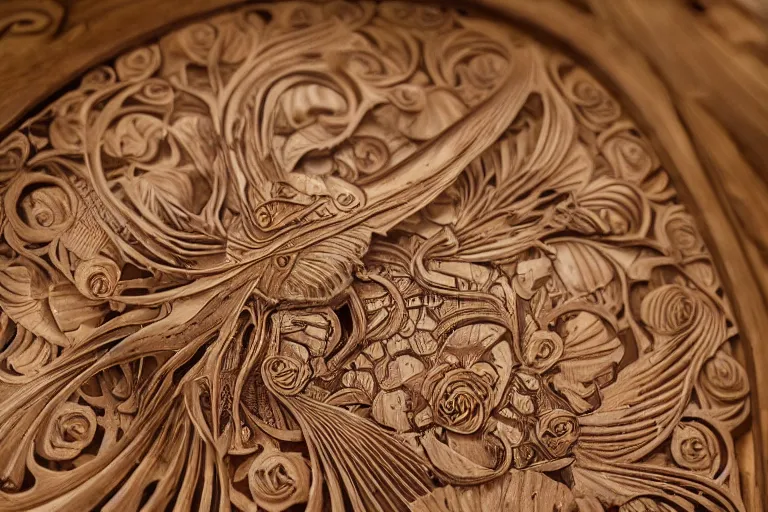 Image similar to an intricate seashell is carved into a wooden table with a single rose petal, close up view, dramatic lighting, DOF, intricate artwork by alphonse mucha and Ruan Jia