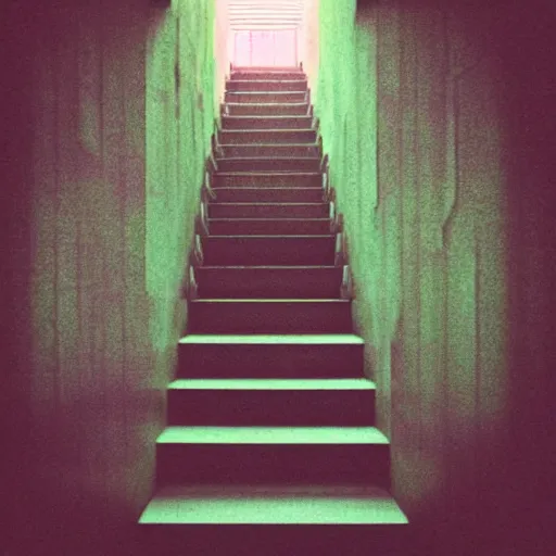 Image similar to noisy color photograph of a retrofuturist liminal space, staircase to the surface, minimalist, creepy, cinematic, soft vintage glow