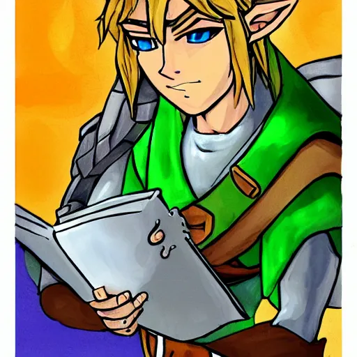 Image similar to link from legend of zelda reading the bible, trending on artstation