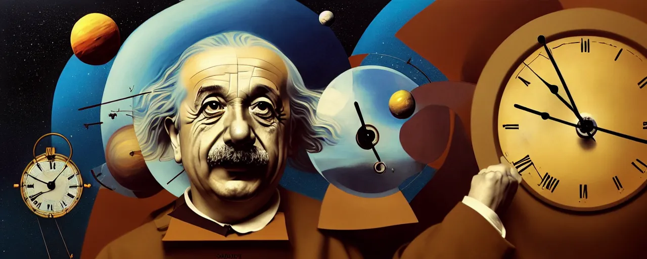 Image similar to duotone surreal illustration 3 / 4 portrait of albert einstein measuring time on salvadore dali clock in outer space. golden ratio accidental renaissance. by sachin teng and sergey kolesov and ruan jia and heng z. graffiti art, scifi, fantasy, hyper detailed. octane render. concept art. trending on artstation