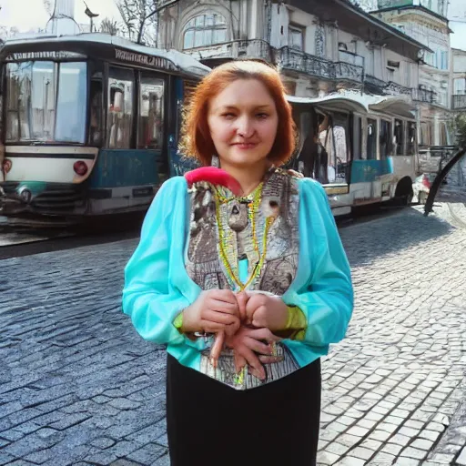 Prompt: photo of a beautiful ukrainian woman from odessa near the tram square