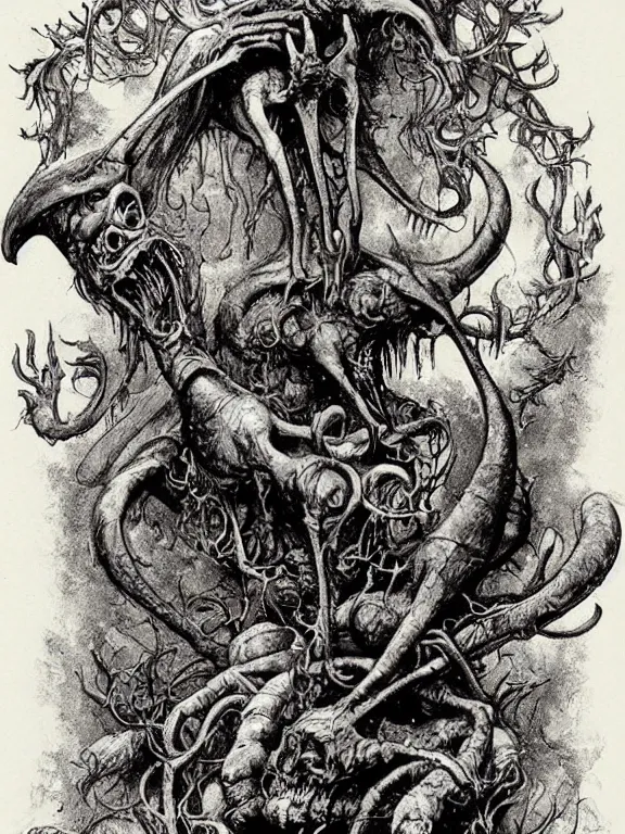 Image similar to A horror illustration design of a Prophecy book from hell revealing the Warwick Goblel of an Ancient Creature,by Maximilian Pirner and Gregoire Kenne and and aaron horkey and peter gric,trending on pinterest,Lovecraftian,medieval,ossuary,rococo,fractalism,maximalist,glittering,feminine