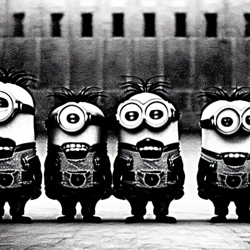Image similar to The minions minions minions at the Nuremberg trials, monochrome, very low contrast, noise
