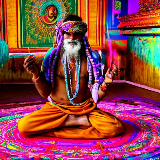 Image similar to An Indian Sadhu Saadhu wearing a cyberdelic psychedelic Oculus virtual reality headset sitting on a rug in a Dravidian temple, psionic powers