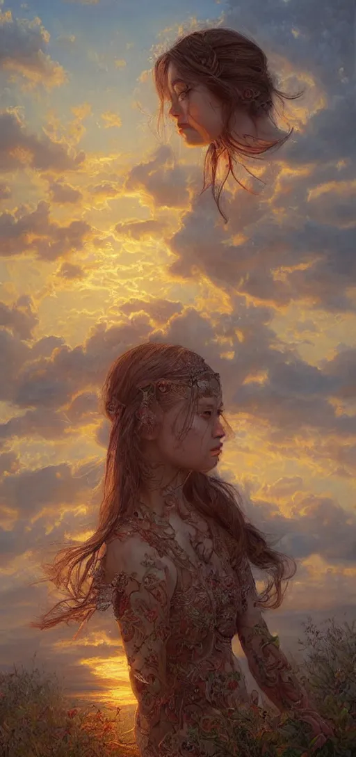 Prompt: summer sunset, oil on canvas, intricate, portrait, 8k highly professionally detailed, HDR, CGsociety, illustration painting by Mandy Jurgens and Małgorzata Kmiec and Dang My Linh and Lulu Chen and Alexis Franklin and Filip Hodas and Pascal Blanché and Bastien Lecouffe Deharme, detailed intricate ink illustration, heavenly atmosphere, detailed illustration, hd, 4k, digital art, overdetailed art, concept art, complementing colors, trending on artstation, Cgstudio, the most beautiful image ever created, dramatic, subtle details, illustration painting by alphonse mucha and frank frazetta daarken, vibrant colors, 8K, style by Wes Anderson, award winning artwork, high quality printing, fine art, gold elements, intricate, epic lighting, very very very very beautiful scenery, 8k resolution, digital painting, sharp focus, professional art, atmospheric environment, art by artgerm and greg rutkowski, by simon stålenhag, rendered by Beeple, by Makoto Shinkai, syd meade, 8k ultra hd, artstationHD, 3d render, hyper detailed, elegant, by craig mullins and marc simonetti, Ross Tran and WLOP, by Andrew Wyeth and Gerald Brom, John singer Sargent and James gurney