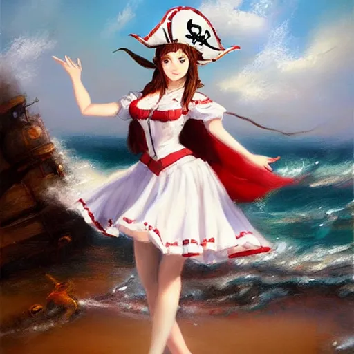 Image similar to dancing brunette milk maid woman wearing a pirate hat shore seascape in the style of Krenz Cushart