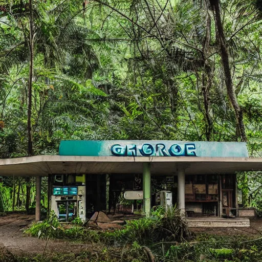 Image similar to An old Gas station in a dense jungle