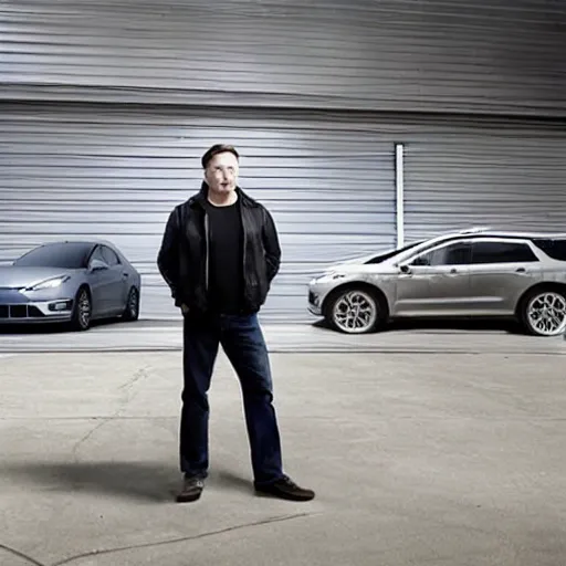 Prompt: a picture of elon musk in front of the ford garage holding a light saber