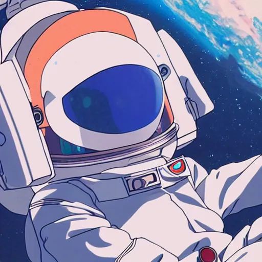 Prompt: an anime astronaut relaxing in space, manga character, anime, studio ghibli,
