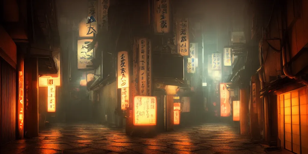Image similar to a japanese alleyway filled with ghosts, in the style of blade runner 2049, volumetric lighting