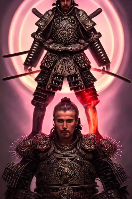 Image similar to a centered render of a majestic post apocalyptic samurai warrior wearing armour and leather clothing surrounded by bio - luminescent jellyfish and sacred geometry, cinematic, beautifully lit, by artgerm, by donato giancola, by viktoria gavrilenko 3 d, trending on artstation, octane render, 8 k