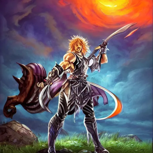 Image similar to painting of siegfried from soulcalibur!!!!!, watching a purple and orange sunset!!, from the black mage cemetery!!!, in the style of justin gerard!!!!