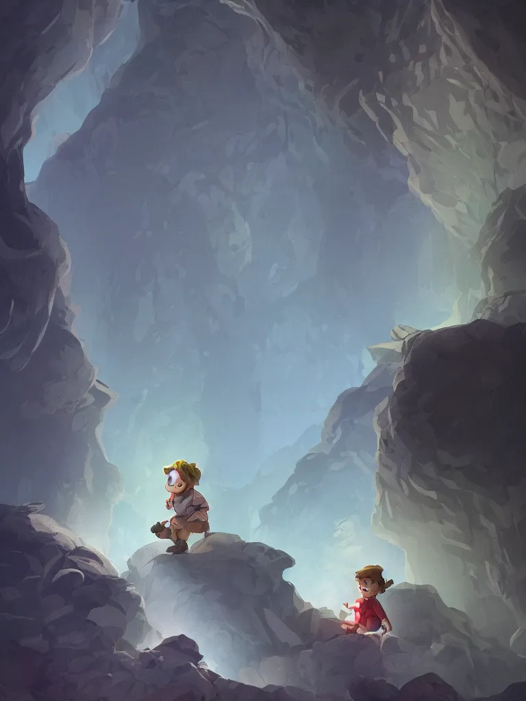 Prompt: lit child, in a dark cave, by disney concept artists, blunt borders, converging lines, soft light