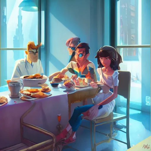 Image similar to hero world breakfast at tiffany's, behance hd by jesper ejsing, by rhads, makoto shinkai and lois van baarle, ilya kuvshinov, rossdraws global illumination