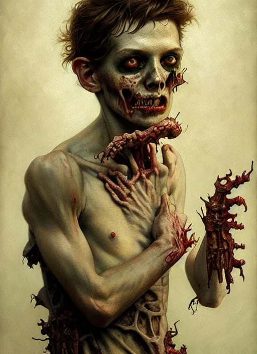 Image similar to a zombie young boy, diffuse lighting, fantasy, intricate, elegant, highly detailed, lifelike, photorealistic, digital painting, artstation, illustration, concept art, smooth, sharp focus, art by john collier and albert aublet and krenz cushart and artem demura and alphonse mucha